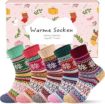 inaWarm ​​Wolle​ Thermosocken Damen，5 Paar Dicke Warme Wollsocken für Winter, At
