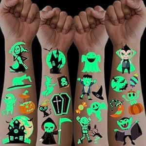 Halloween Tattoos für Kinder, 20 Blätter Leuchtende Kindertattoos Hautfreundlich