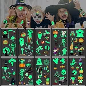 Halloween Tattoo Kinder, 10 Blatt Leuchtend Temporäre Tattoos, Halloween Mitgebs